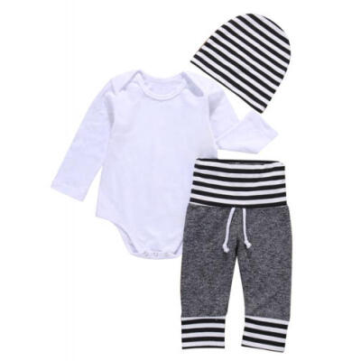 

3Pcs Newborn Infant Baby Boy Romper Shirt Pants Hat Pajiamas Outfit Set Clothes