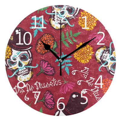 

Wall Clock Arabic Numerals Design Skull In A Hat Flowers Marigolds Round