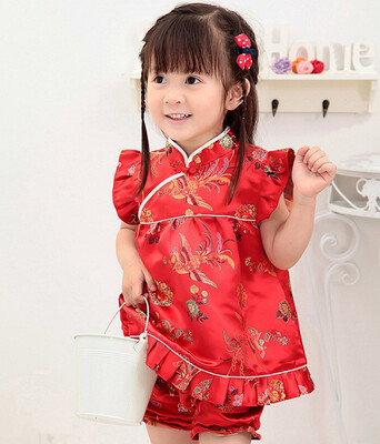 

Buenos Ninos Girls Short Sleeve Cheongsam Baby Qipao Patterned Cloth Set