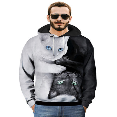 

200 kg large size mens hoodies 2018 autumn&winter new creative black&white cat 3D printing sweater loose hoodie