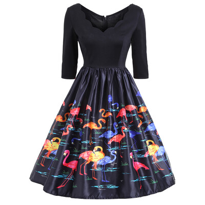 

Flamingo Print V Neck Fit&Flare Vintage Dress