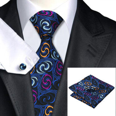 

N-0241 Vogue Men Silk Tie Set Blues Novelty Prints Necktie Handkerchief Cufflinks Set Ties For Men Formal Wedding Business wholesale