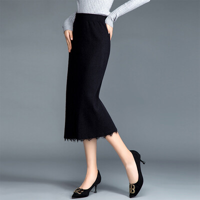 

A pond morning autumn winter female 2018 new Korean version of the solid color high waist bag hip split lace skirt S83T4171BA10JM black one yard