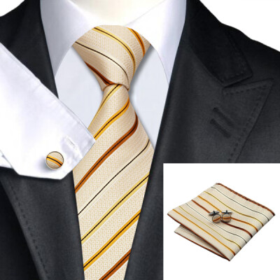 

N-0239 Vogue Men Silk Tie Set Beiges Stripes Necktie Handkerchief Cufflinks Set Ties For Men Formal Wedding Business wholesale