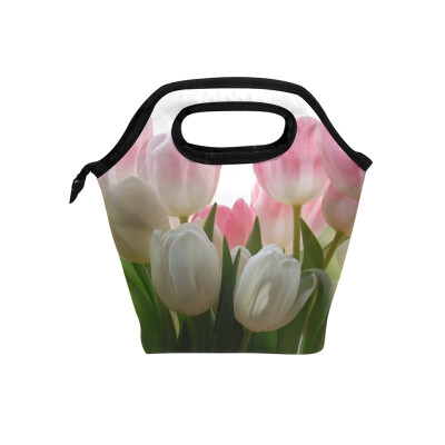 

Insulated Lunch Tote Bag Pink Tulip Travel Picnic Lunch Handbags Portable Zipper Lunch Bag Box