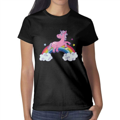 

Pink Unicorn Rainbow with Star Womens Black t Shirts Vintage Pretty Women Cotton tee Shirt