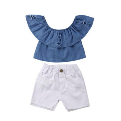 

Toddler Baby Girls Sleeveless Tank Tops T shirtShorts Denim Outfits Set Clothes