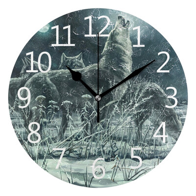 

Wall Clock Arabic Numerals Design Night Wolves Round
