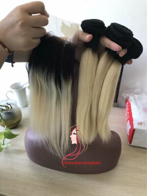 

Ombre Virgin Brazilian Straight Hair 3 Bundles With Closure 1B613 Blonde Human Hair Weave dark roots Ombre Brazilian Hair With Closure