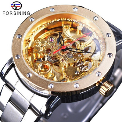 

Forsining Fashion Transparent Royal Golden Open Work Skeleton Wristwatch Men Top Brand Luxury Silver Steel Mechanical Male Clock