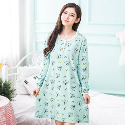 

Antarctic Nanjiren pajamas home service nightdress cute elephant long-sleeved cotton woman round neck printed lace nightdress N675X20022-6 female models - green cute elephant M