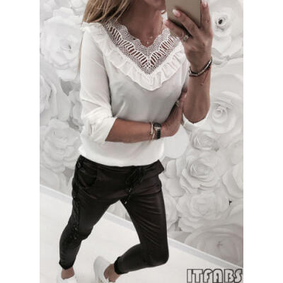 

Women Lace Blouse Top Long Sleeve Slim Casual Top Round Neck T-Shirt Solid Sexy