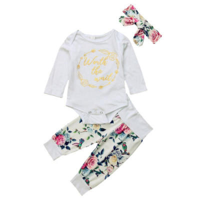 

UKSeller Baby Girl Top Romper Bodysuit Floral Pants Leggings Headband Outfit Set