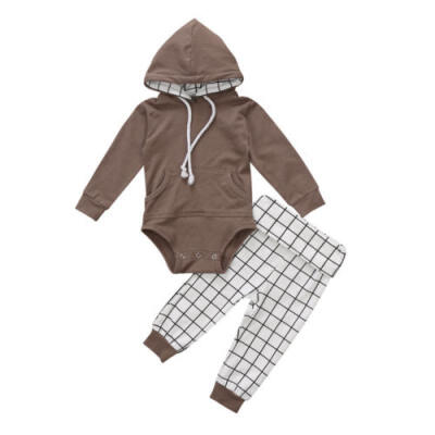 

Newborn Infant Baby Boy Hooded Romper TopsPlaid Pants Leffings Outfits Clothes