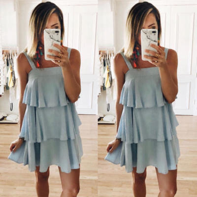 

Women Summer Beach Dress Casual Sleeveless Fold Evening Party Short Mini Dress Z