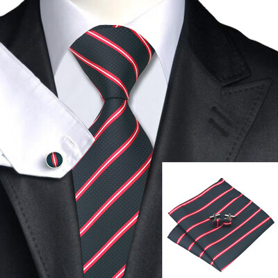 

N-0465 Vogue Men Silk Tie Set Black Stripe Necktie Handkerchief Cufflinks Set Ties For Men Formal Wedding Business wholesale