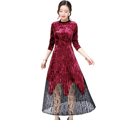 

Autumn&Winter New Self-Cultivation Waist High-Necked Gold Velvet Long-Sleeved Pleated Dress