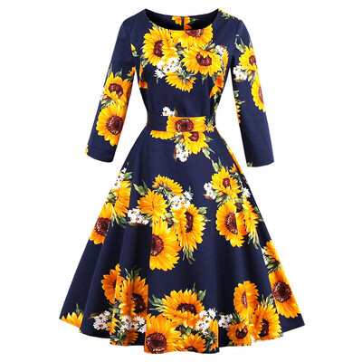 

Vintage Sunflower Print Fit&Flare Swing Dress