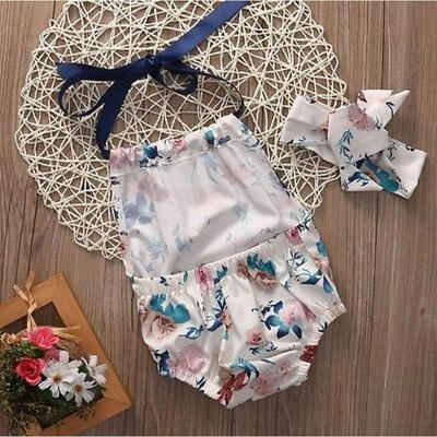 

2PCS Floral Newborn Baby Girl Cotton Romper Bodysuit Headband Clothes Outfit Set