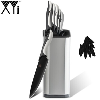 

XYj 7 Pcs Kitchen Cooking Stainless Steel Knives Tools Black Blade Paring Utility Santoku Chef Slicing Bread Kitchen Accessories