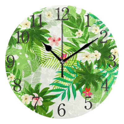 

Wall Clock Arabic Numerals Design Tropical Leaves And Flowers Round