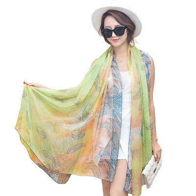 

Jingdong Supermarket Meng Si Ke MSEK WSJ161677 Ms scarves retro national wind cashews hit color printing thin long imitation silk scarves light green