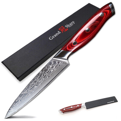 

Grandsharp 5 Inch Utility Knife VG-10 Damascus Kitchen Knife 67 Layers Japanese Damascus Stainless Steel Knife with Gift Box