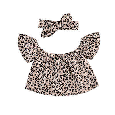 

Leopard 2pcs Kids Toddler Baby Girls Off-shoulder TopsHeadband Outfits Set 1-6Y