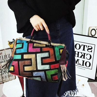 

Hand rub color brand women genuine leather tote bag for female fashion splice handbag boston bag leisure shoulder messenger bags