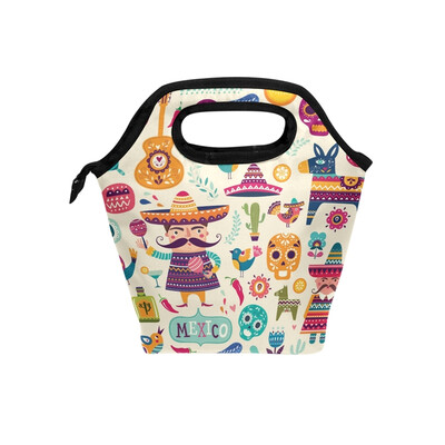 

Insulated Lunch Tote Bag Mexico Style Travel Picnic Lunch Handbags Portable Zipper Lunch Bag Box