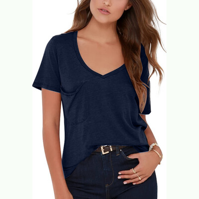 

V Neck Short Sleeve Sky Blue Summer shirts Pockets Casual Tees Tops Elegant Beach Cotton Womens Basic Pink Blouses