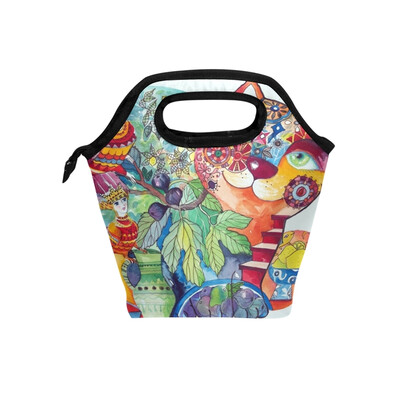 

Lunch Tote Bag Girl Cat Travel Picnic Insulated Lunch Handbags Portable Zipper Lunch Bag Box