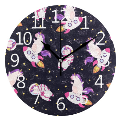 

Wall Clock Cute Unicorn On Rocket Round Wall Clock Arabic Numerals Design