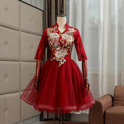 

Fashion Wine Red Evening Dresses Half Sleeve A-line Luxury Lace Embroidery Party Prom Robe Evening Dress