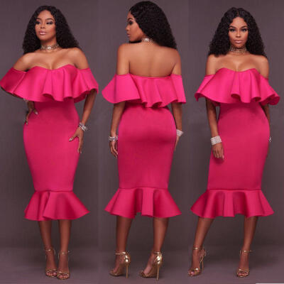 

Womens Off Shoulder Long Sleeve Frill Ruffle Bardot Midi Bodycon Dress Size 6-14