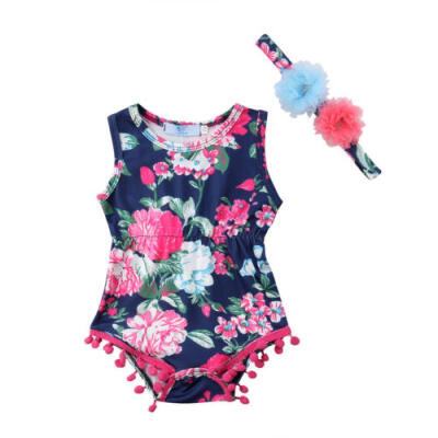 

New Baby Girl Kid Floral Cotton Romper Jumpsuit BodysuitHeadband Summer Clothes