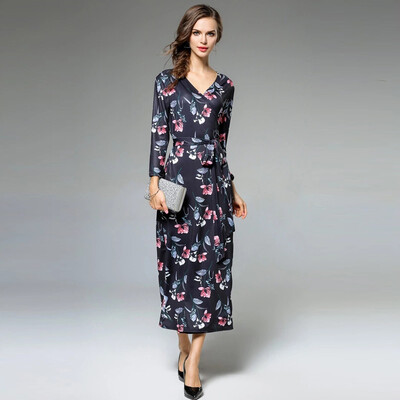 

Retro V-Neck Long Sleeve Printed Long Dress