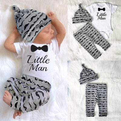 

Newborn Kids Baby Boy Bowtie Clothes Cotton Romper Pants Hat 3PCS Outfits Set
