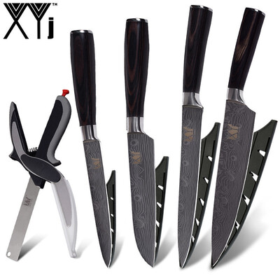 

XYj Kitchen Knives 5" 5" 8" 8" inch Damascus Veins Blade Stainless Steel Knife And Kitchen Scissor