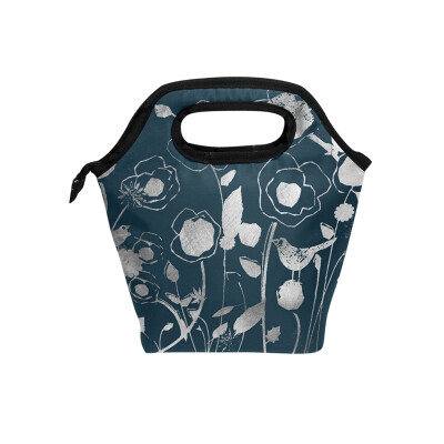 

Insulated Lunch Tote Bag Silver Flowers Travel Picnic Lunch Handbags Portable Zipper Lunch Bag Box