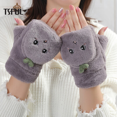 

Tsful gloves female winter cute plush flip fingerless plus velvet thick warm student writing cartoon uba gloves A3557D gray