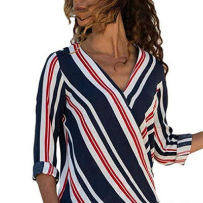 

Women Summer Striped Long Sleeve Button V Neck T Shirt Ladies Casual Blouse Top