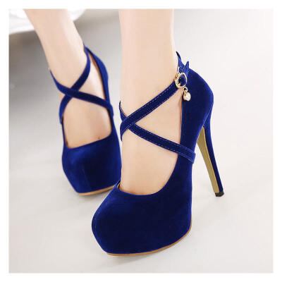 

Eichy in the spring of 2016 Korean fashion designer shoes with heels super fine cross strap round shallow mouth Sexy Shoes Blue Club 37