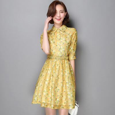 

MAZOE Europe and the United States temperament shirt collar printing chiffon waist short sleeve dress S6612 green M