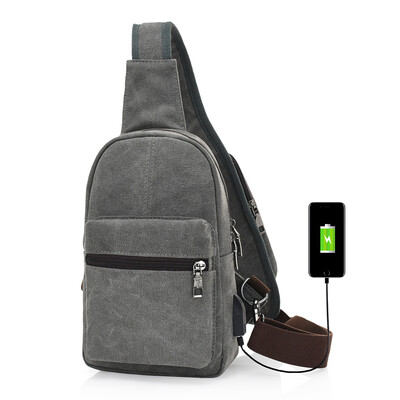 

Canvas Sling Backpack with USB Charging Port&Headphone Holes Casual Chest Travel Bag Shoulder Pack
