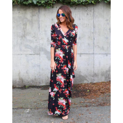 

Womens Holiday Boho Long Dress V neck Ladies Summer Floral Maxi Dress Size 8-12