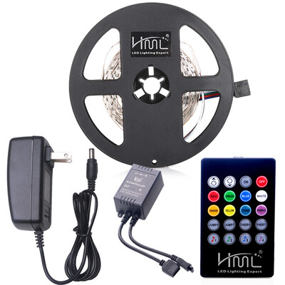 

HML 5M 24W SMD2835 300 LEDs RGB Strip Light with IR 20 Keys Music Remote Controller&US DC Adapter