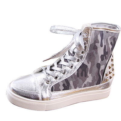 

Women Studded High Sneaker Lace Up Elevator Shoes Rivet Hidden Wedge Heel Boot