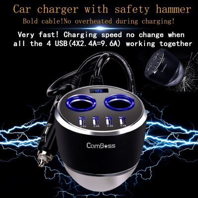 

CamBoss Car Cup Charger120WDC 12 to 24V96A2-Socket Cigarette Lighter Splitter4X24A USBLED DisplaySafety Hammer for iPhone