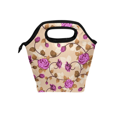 

Insulated Lunch Tote Bag Purple Rose Travel Picnic Lunch Handbags Portable Zipper Lunch Bag Box